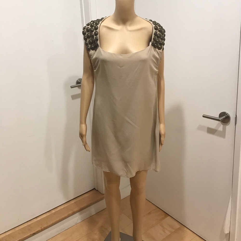 Sherri Bodell-Tan color dress jewled halter collar