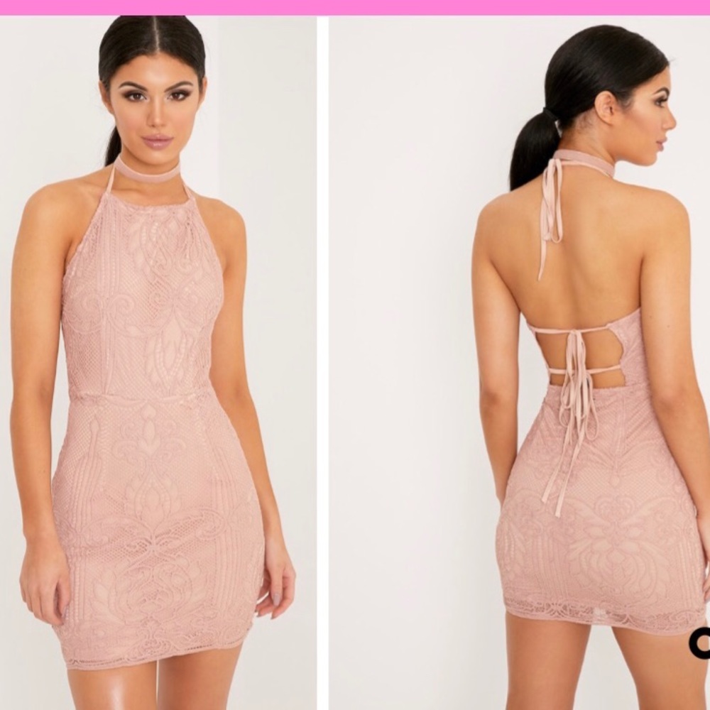 Dusty Pink Halterneck Strappy Back Lace Dress