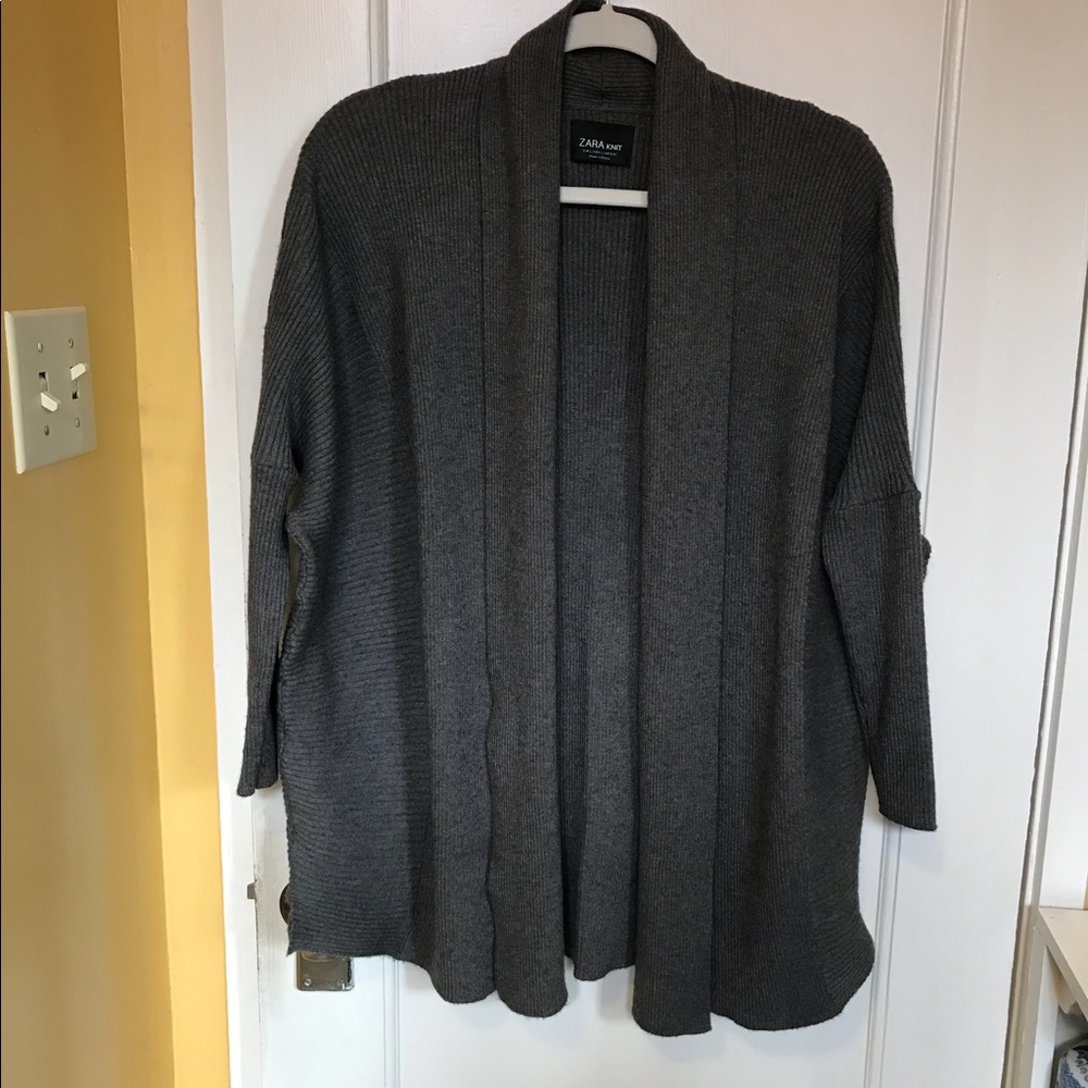 ZARA Gray Knit Shawl Collar Open Front Sweater SzL