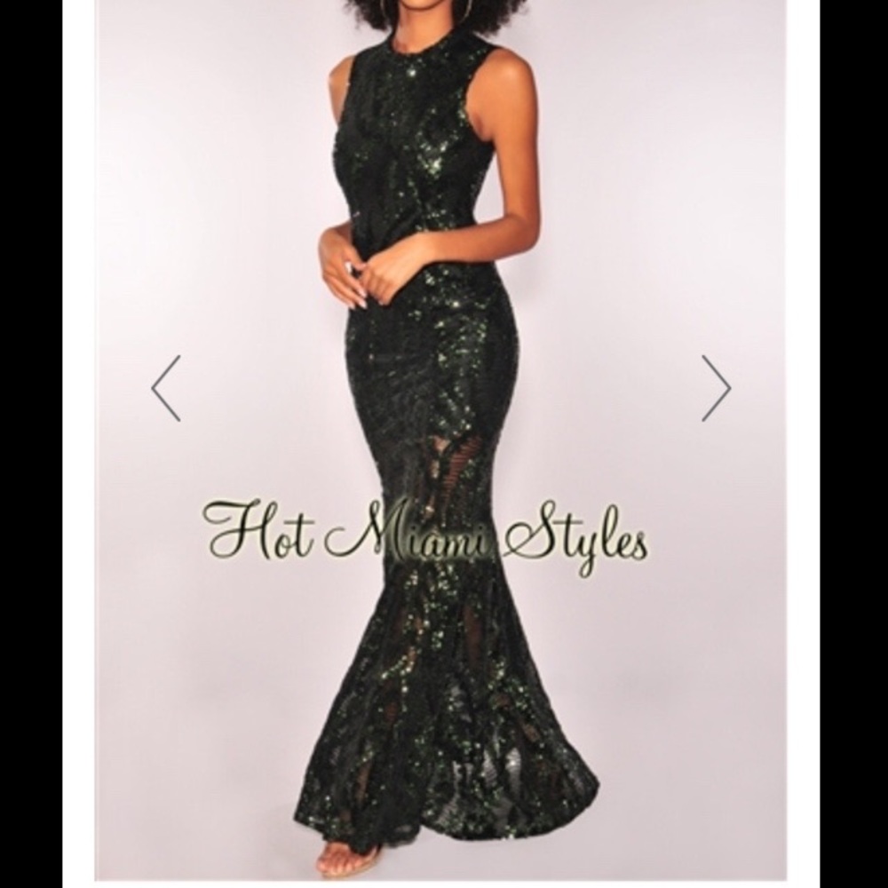 Forest Green Sequins Open Back Mermaid Gown