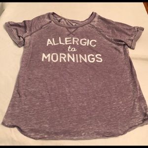 Purple distressed t shirt “ Allergic to Mornings”