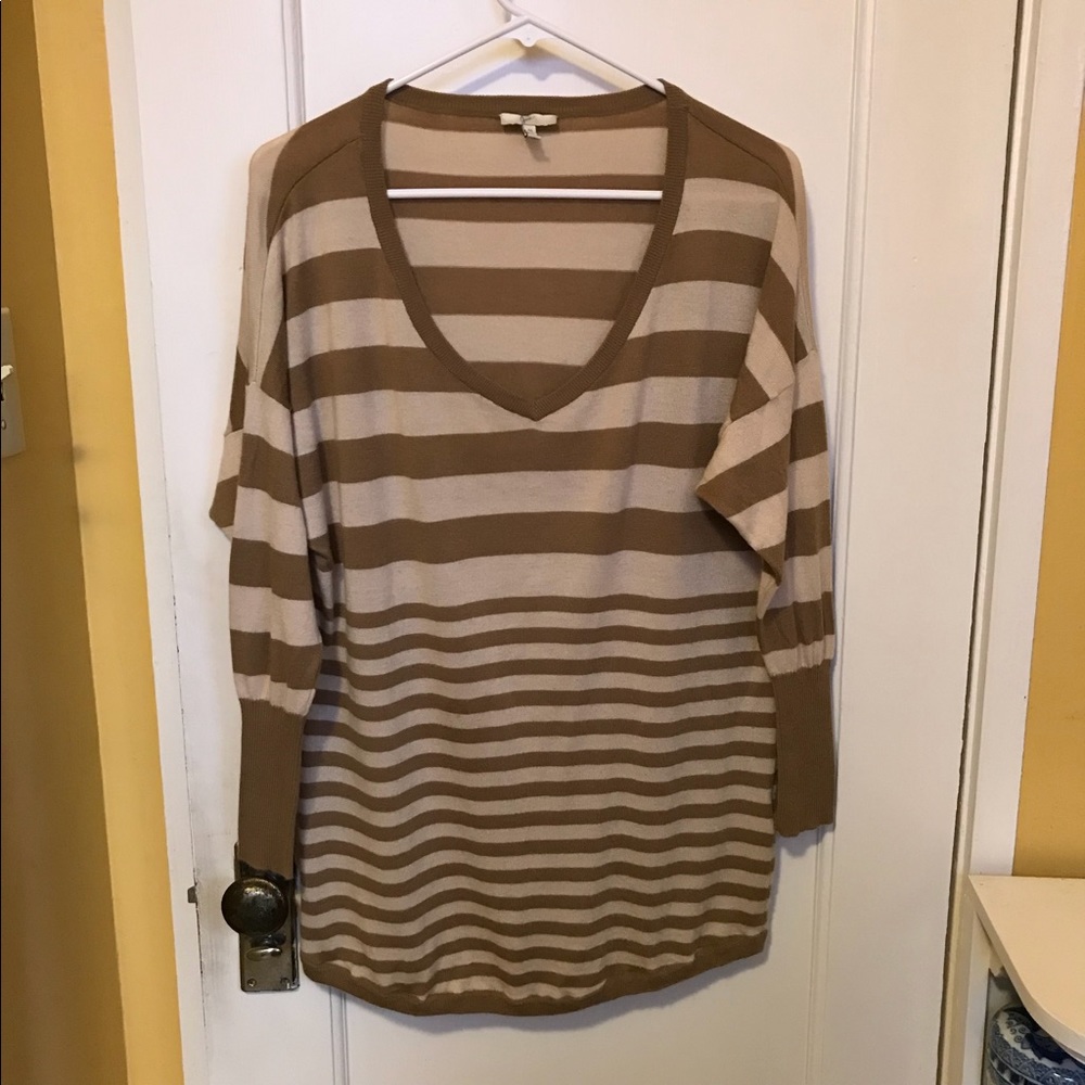 JOIE Cream and Tan Striped V Neck Sweater Sz M
