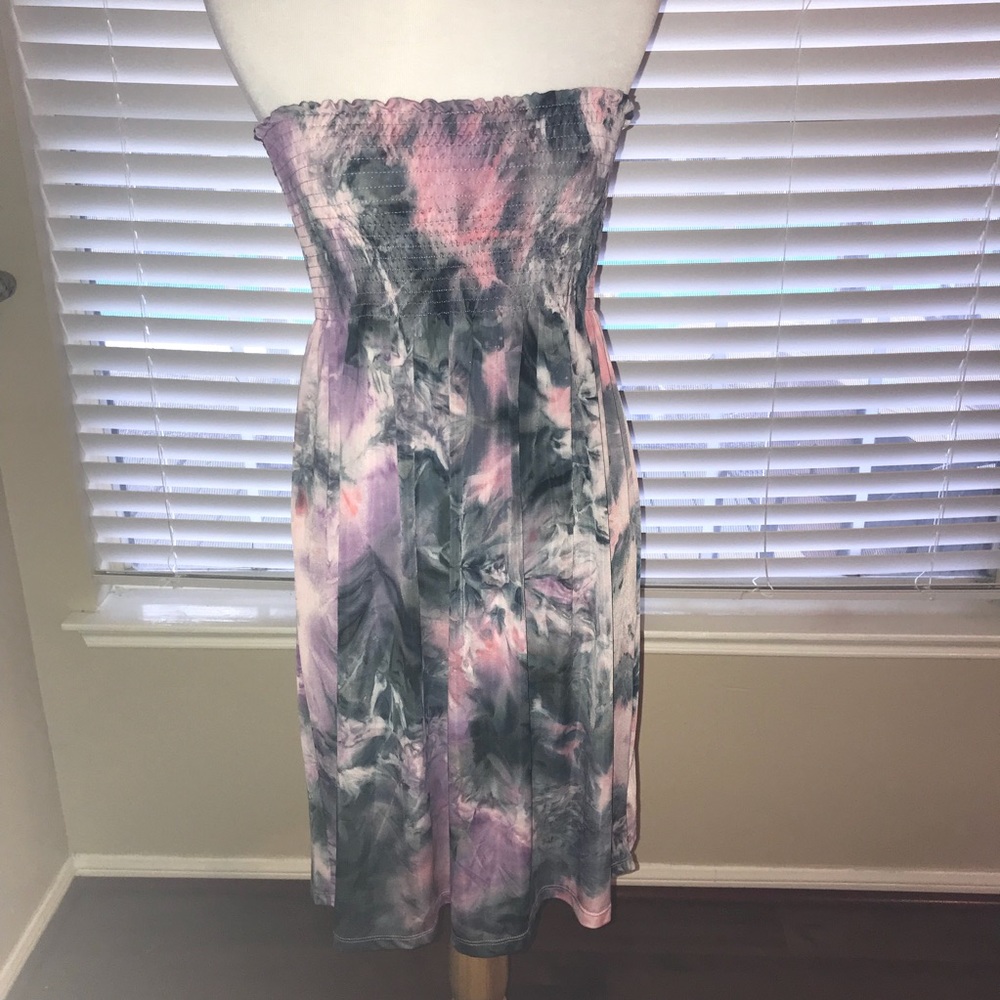 Pink, black, and white tie dye strapless dress.