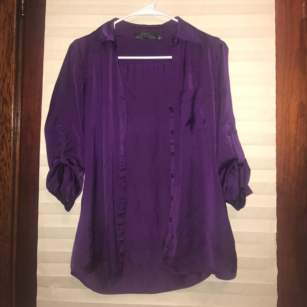 Deep purple button down blouse, silk-like texture