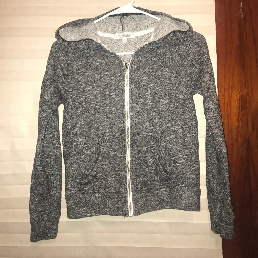 Gray and White Zip-Up Hoodie Jacket, Size S.