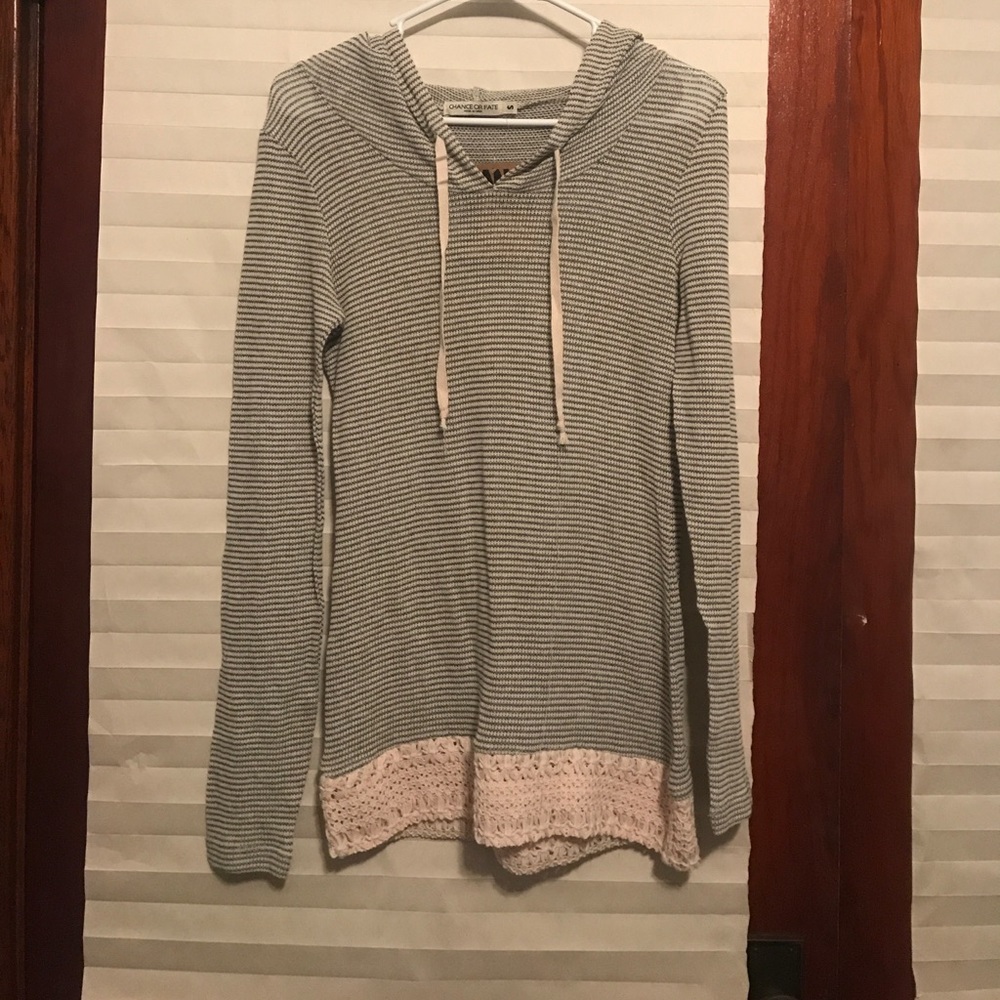 Gray and Creme long hooded sweater with crochet
