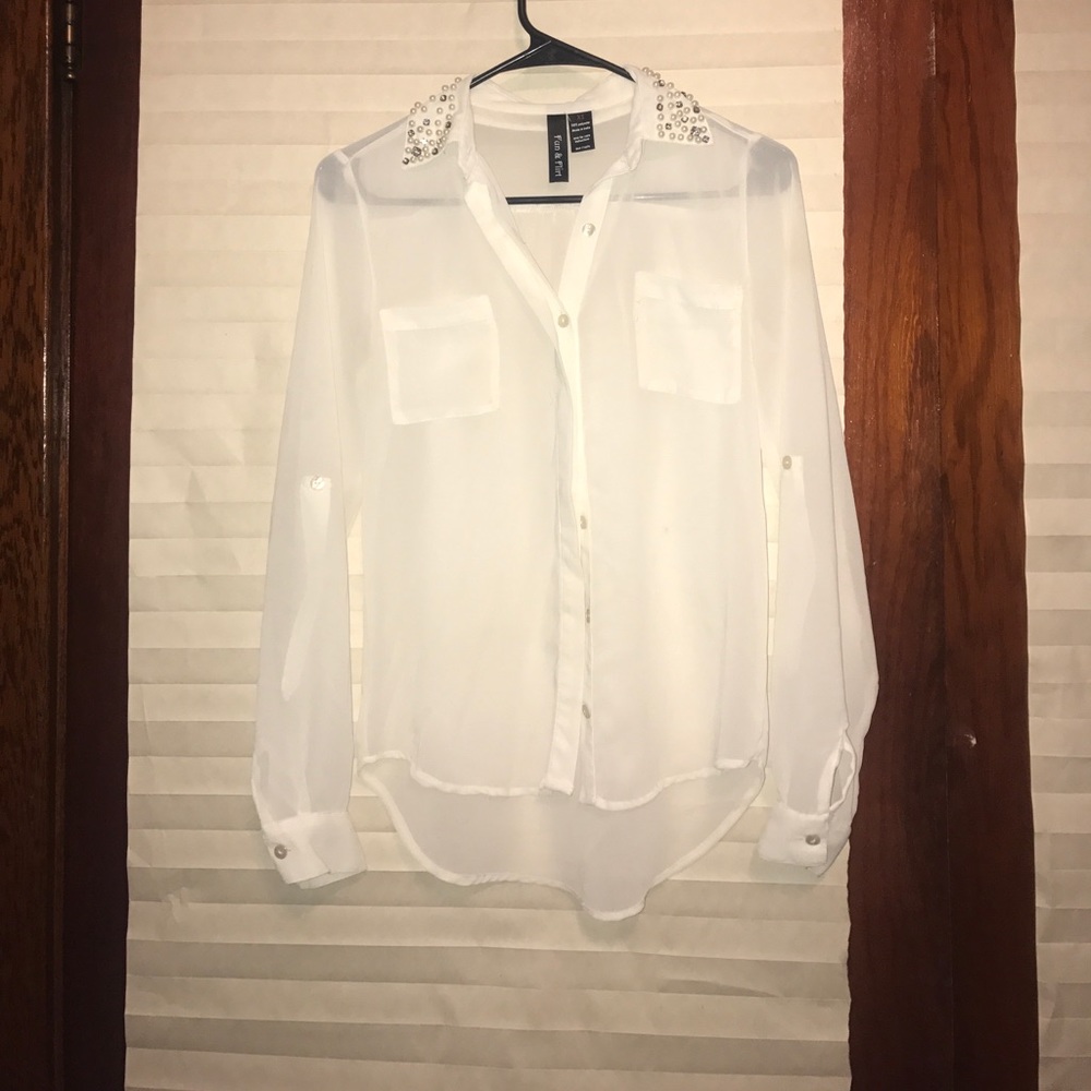 Sheer white button-down blouse with jeweled collar