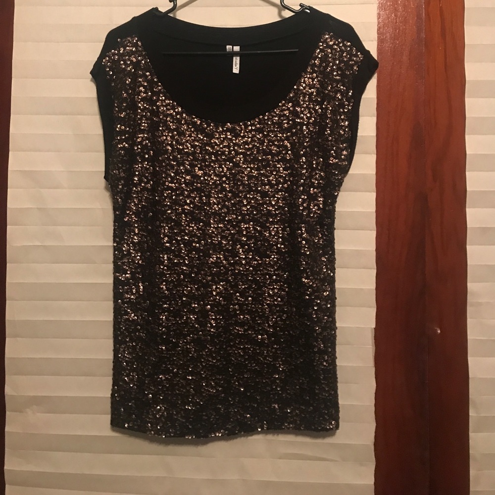 Bronze Sequined Black scoop-necked Blouse