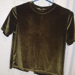 Olive Green Crew Neck Crushed Velvet Crop Top