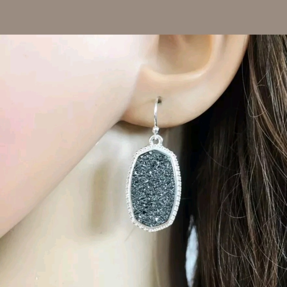 Silver Dark Grey Drusy Stone Drop Earrings Large