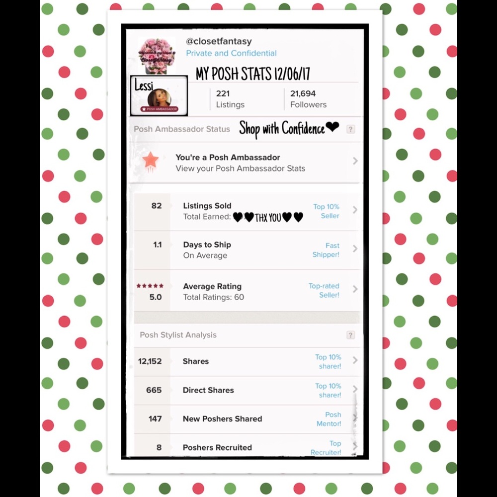 💞12/2017 POSH STATS PROOF 100%💞