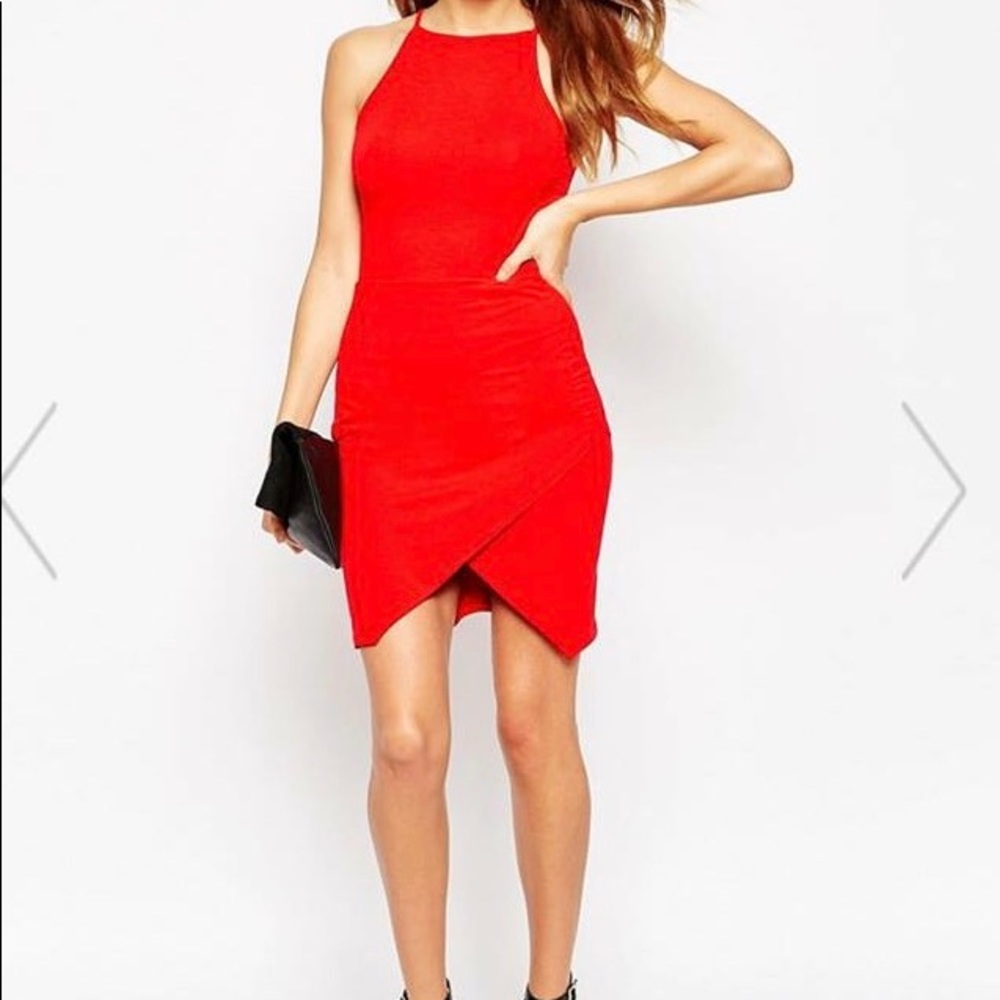 Asymmetric bodycon dress with high neck