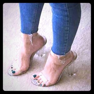 Clear strap heels silver glitter