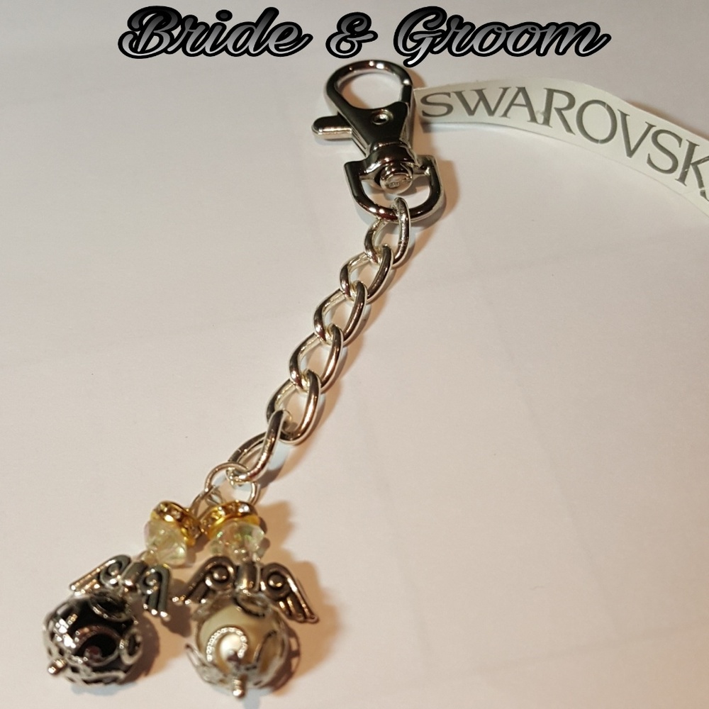 PURSE/KEY CHAIN CHARM~ HANDCRAFTED   SWAROVSKI CRYSTAL BRIDE & GROOM~1 OF A KIND