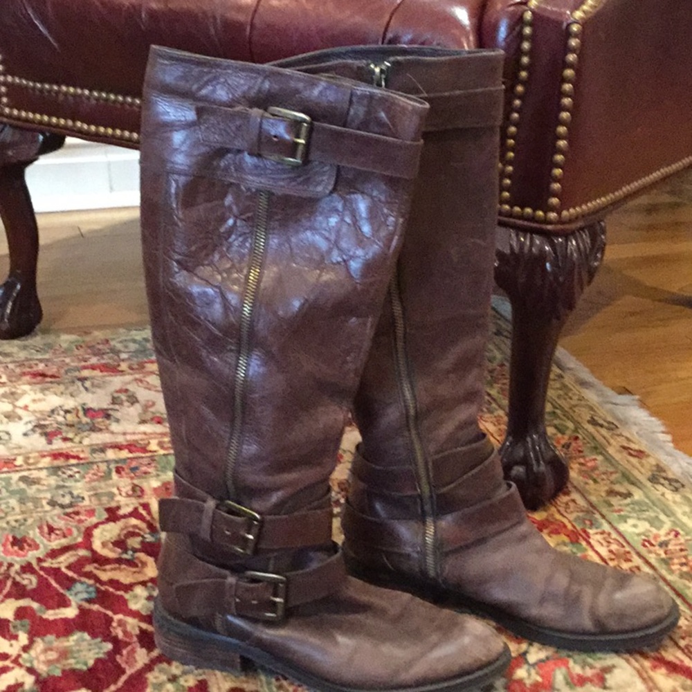 Chocolate brown distressed leather knee high boots