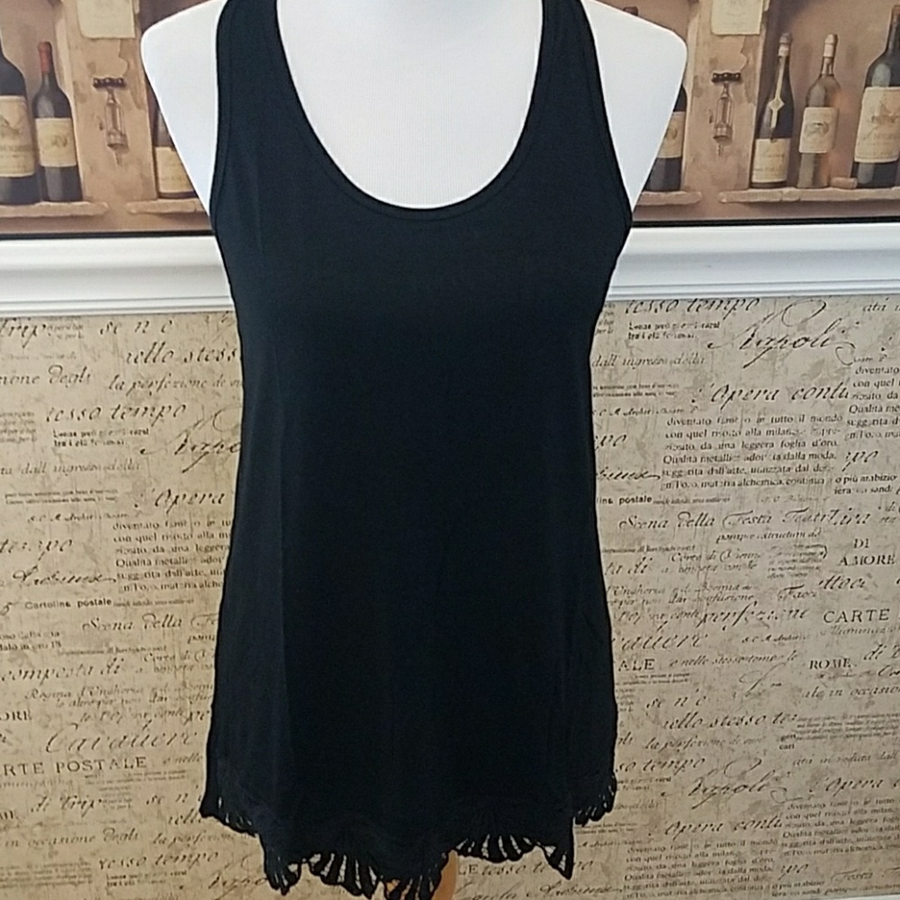 Casual Solid Black Tank with Crochet Hem