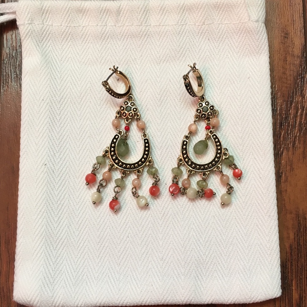 Gold dangling earrings with pink and green beads