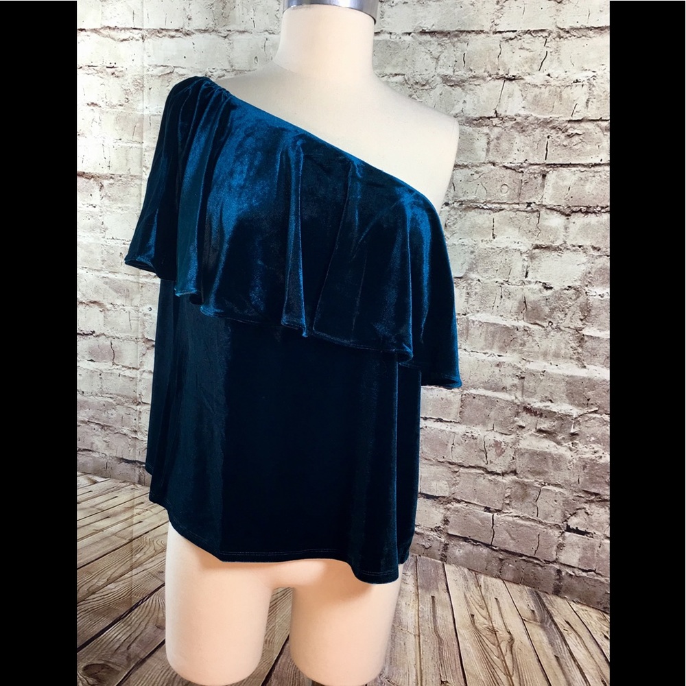 Bella Chica velvet teal ruffle top off shoulder L