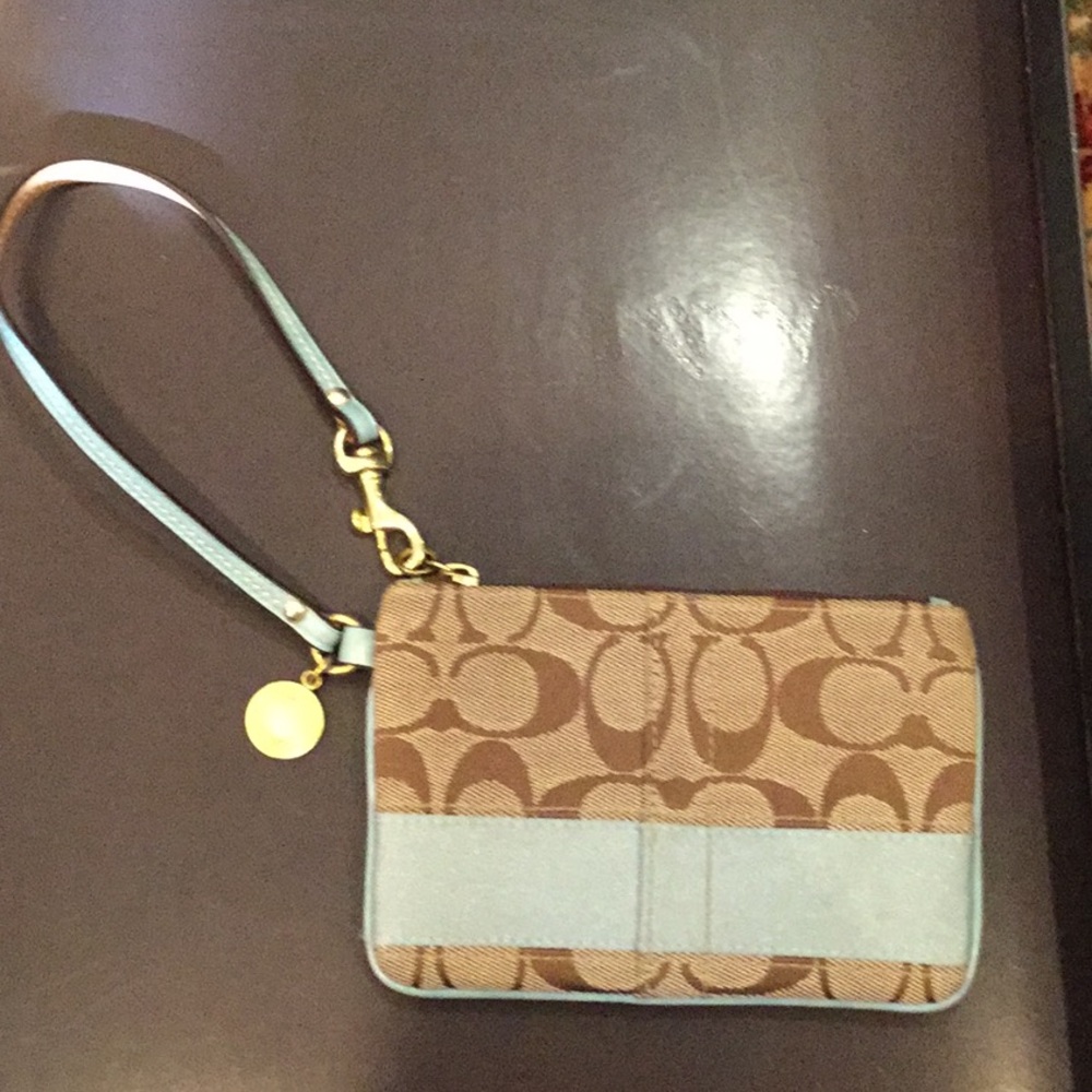 Baby blue & light brown Coach wristlet 4” X 6” - Picture 2 of 3