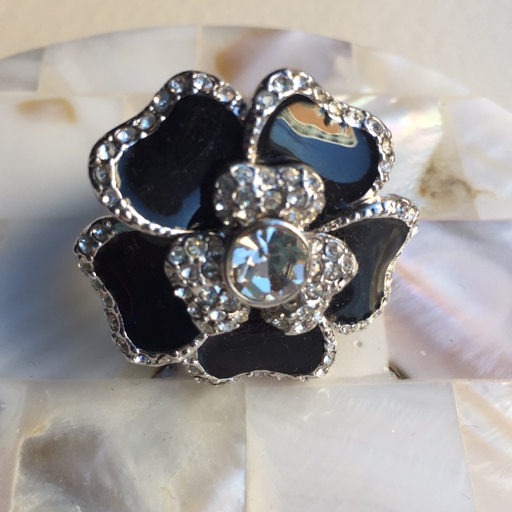 Cocktail Ring, Black enamel, diamond silver style