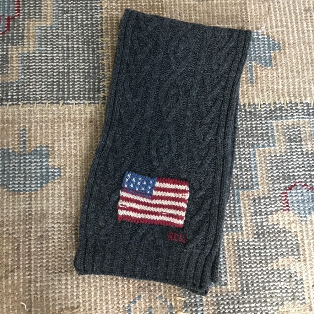 RALPH LAUREN FLAG SCARF CABLE WOOL USA GRAY