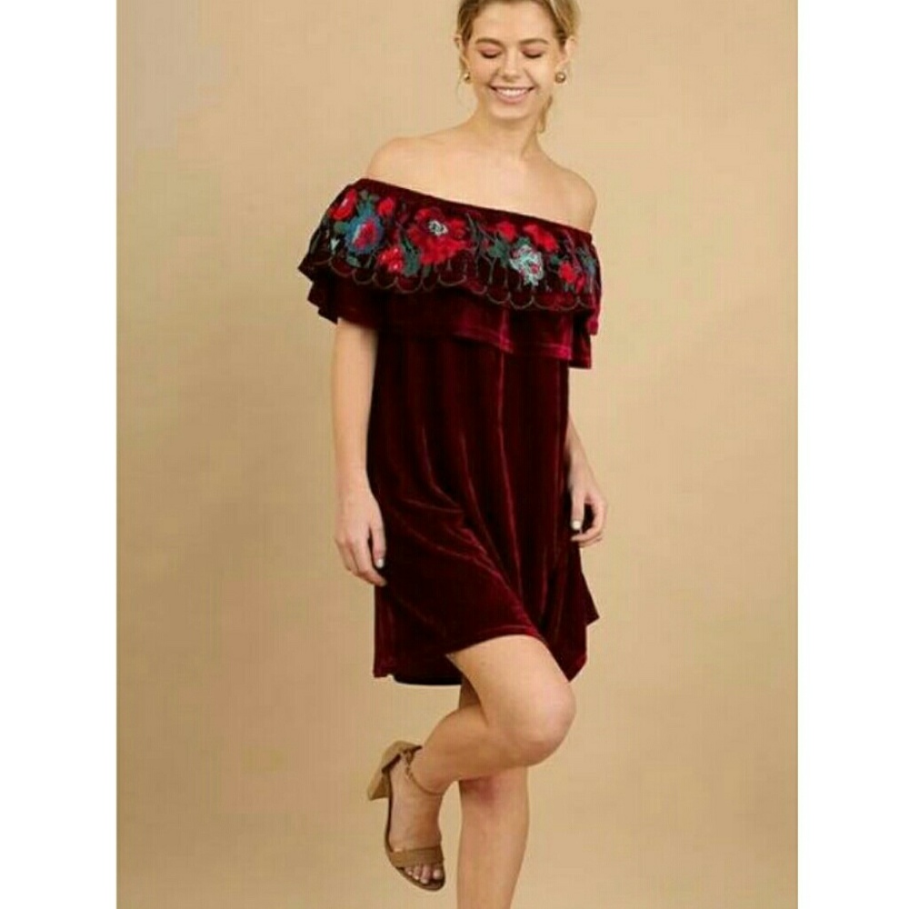 Embroidered Velvet Off the Shoulder dress Wine