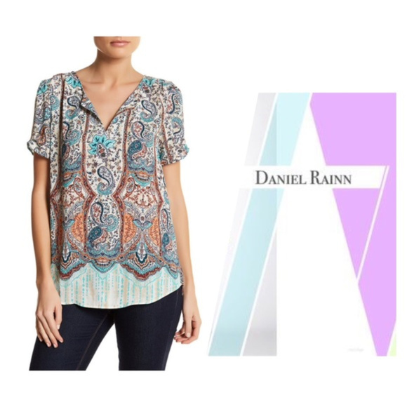 NWT Daniel Rainn Blouse Sz M Blue Green Split Neck - Picture 2 of 6