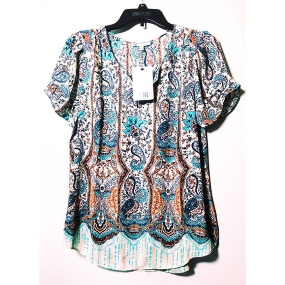 NWT Daniel Rainn Blouse Sz M Blue Green Split Neck - Picture 3 of 6