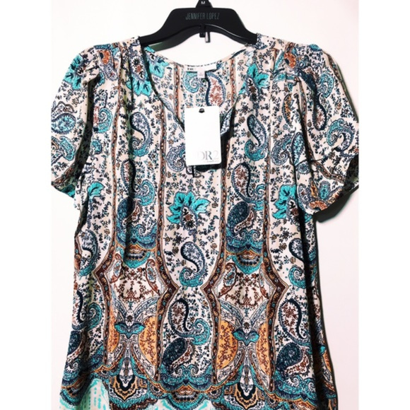 NWT Daniel Rainn Blouse Sz M Blue Green Split Neck - Picture 5 of 6