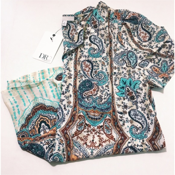 NWT Daniel Rainn Blouse Sz M Blue Green Split Neck - Picture 6 of 6