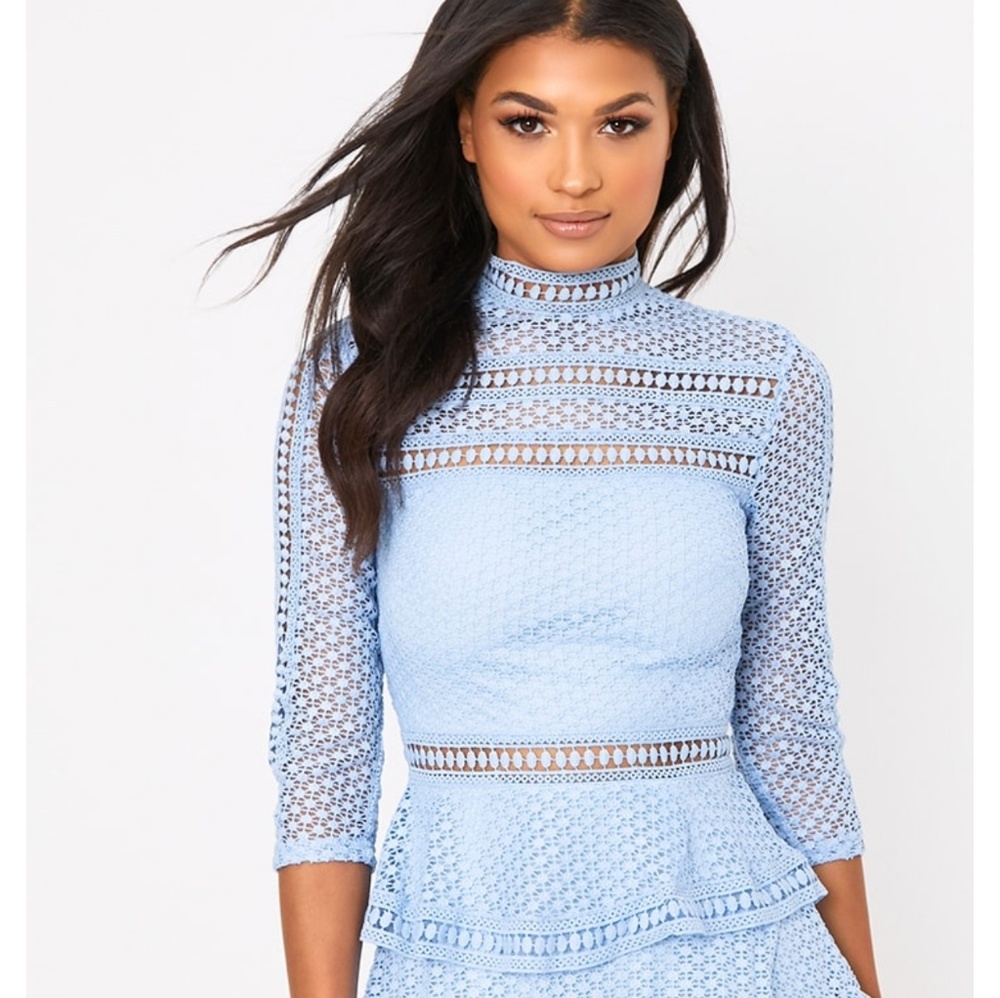 Caya Dusty Blue Lace Panel Tiered Mini Dress