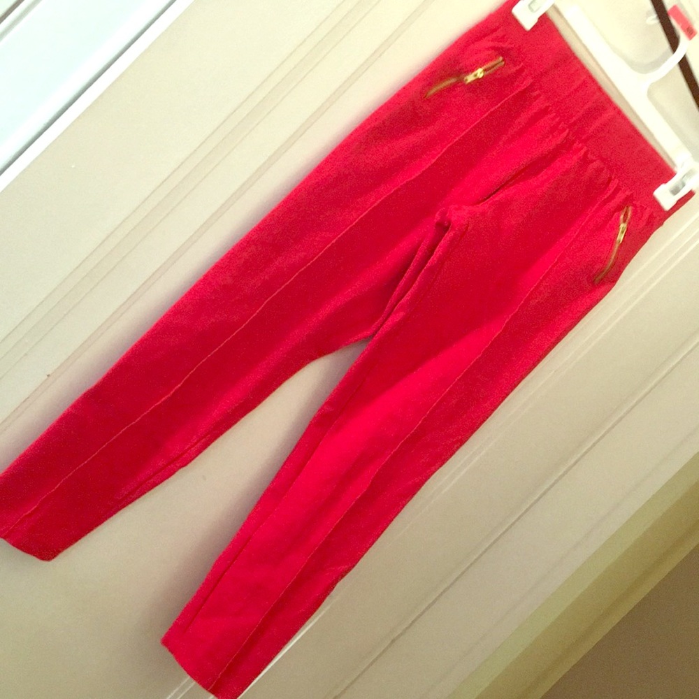 Red Sraight Lined Pants With Gold Zippers
