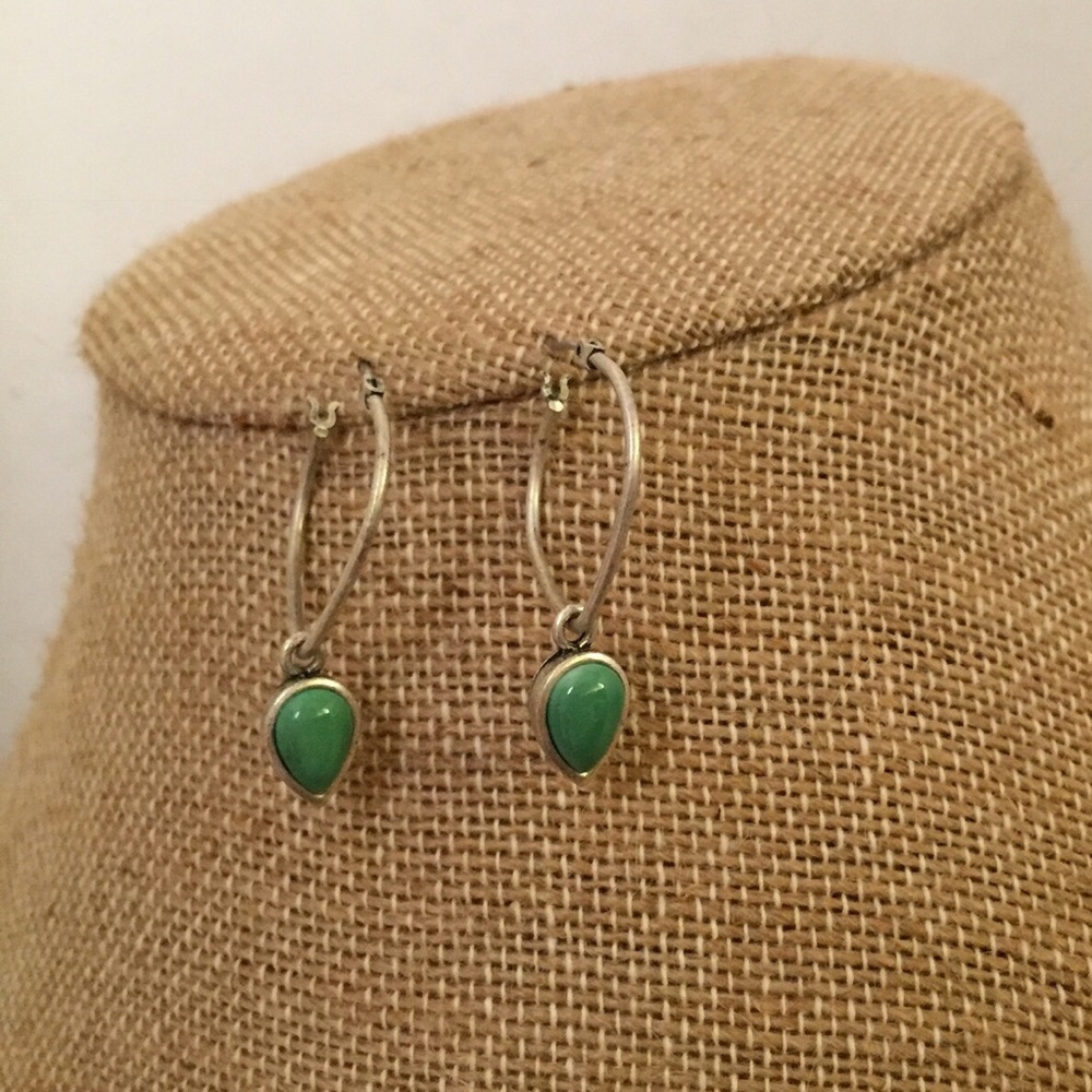 Lucky Brand Silver Hoop Green Stone Charm Earrings