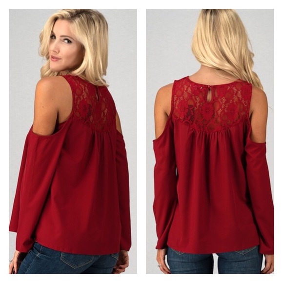 Burgundy Red Cold Shoulder Long Sleeve With Lace - Picture 2 of 2