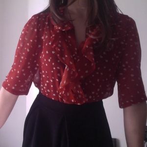 Vintage Tops - Heart Print Valentine's Day Ruffle Front Blouse Vintage Tops - Heart Print Valentine's Day Ruffle Front Blouse