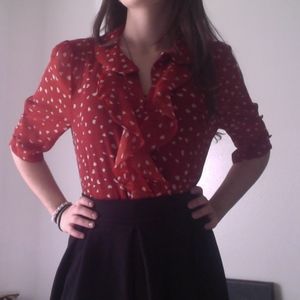 Vintage Tops - Heart Print Valentine's Day Ruffle Front Blouse Vintage Tops - Heart Print Valentine's Day Ruffle Front Blouse