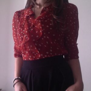 Vintage Tops - Heart Print Valentine's Day Ruffle Front Blouse Vintage Tops - Heart Print Valentine's Day Ruffle Front Blouse