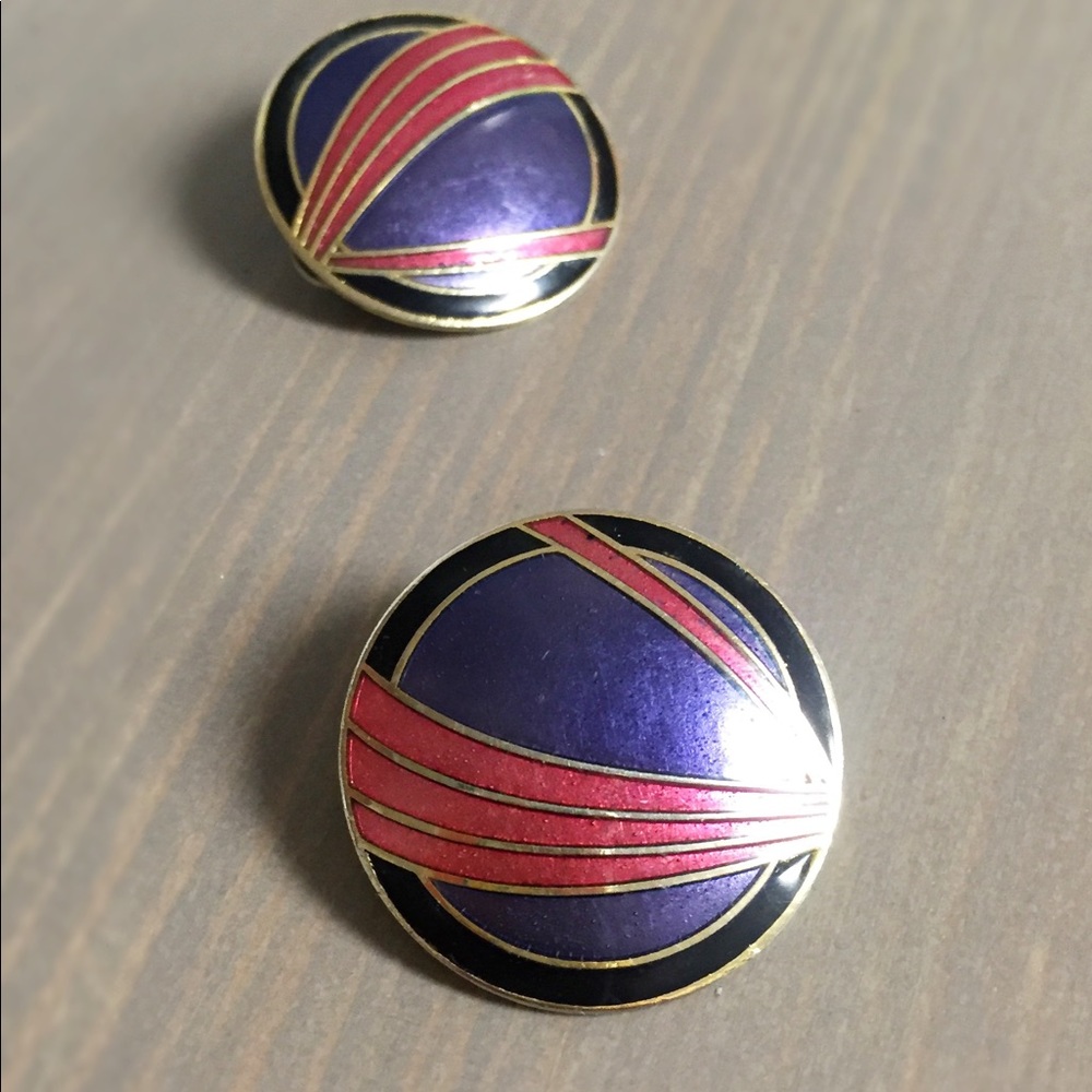80s enamel earrings purple + pink asymmetrical