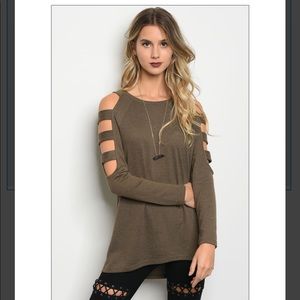 Olive long sleeve knit top with sleeve cutouts