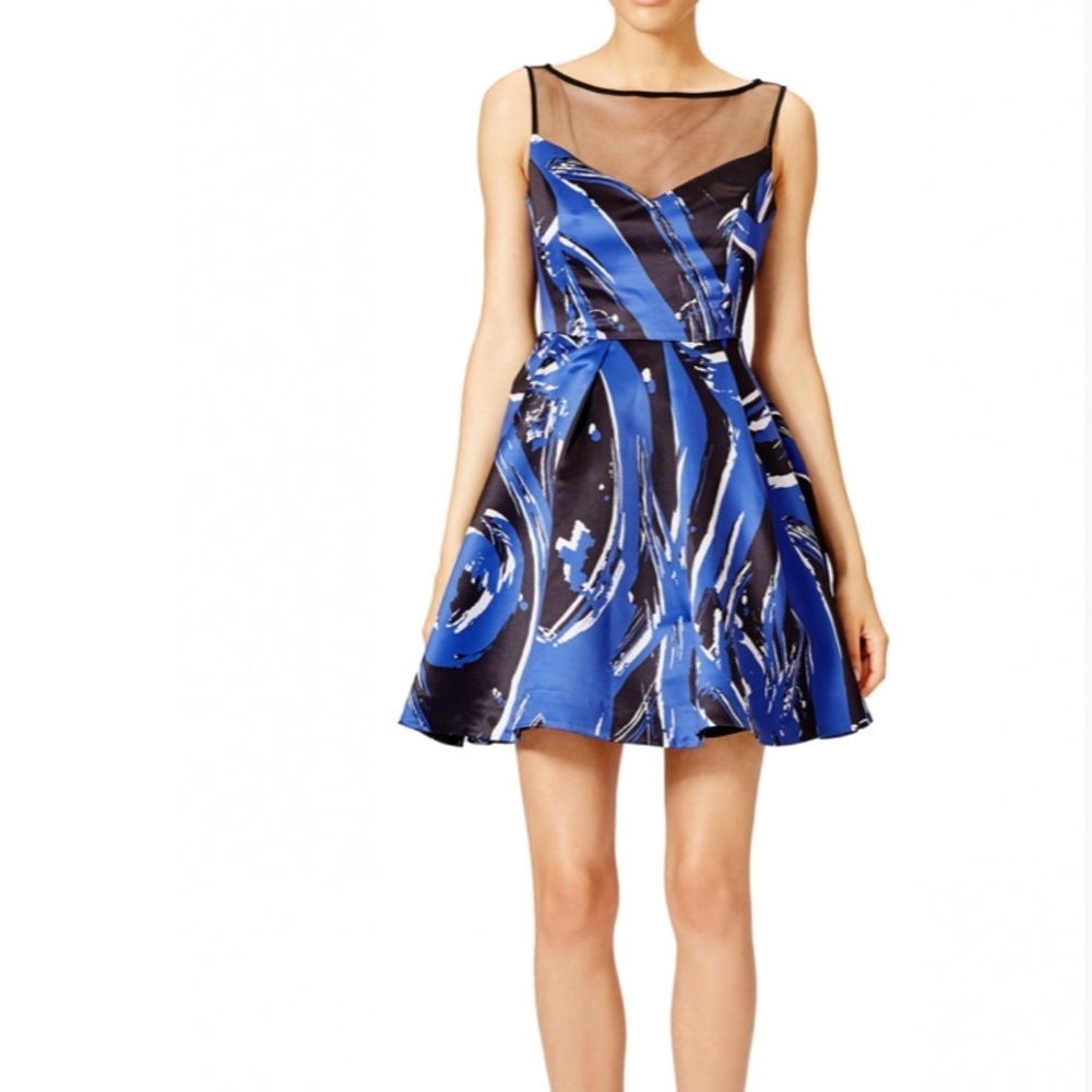 Parker printed spatter dress with black mesh boat