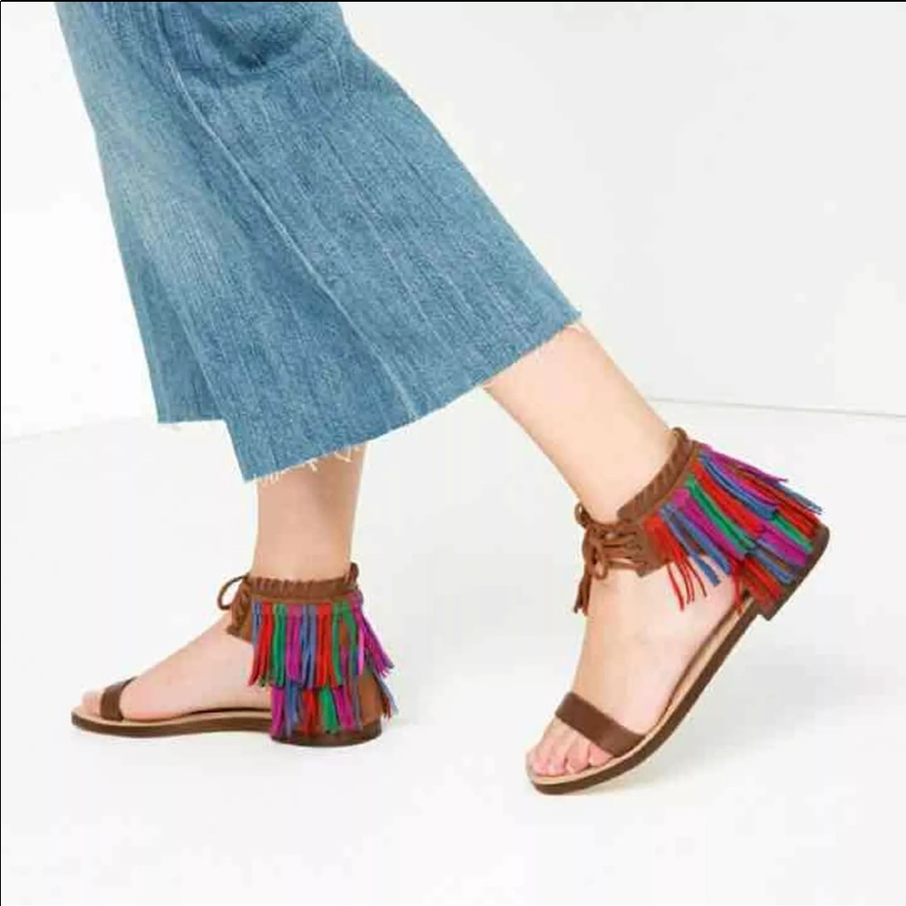 Zara fringed flat leather sandals
