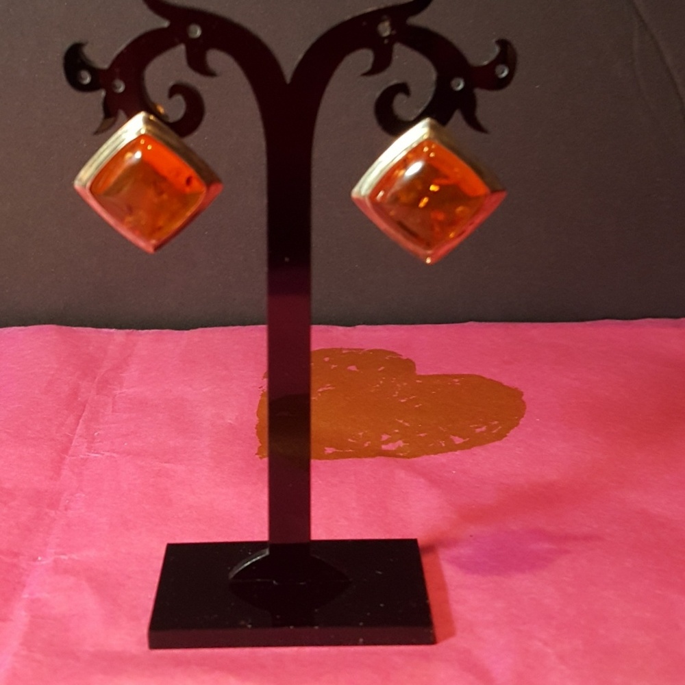 Vtg Art Deco Amber Glass Stone Silvertone Stud Earrings
