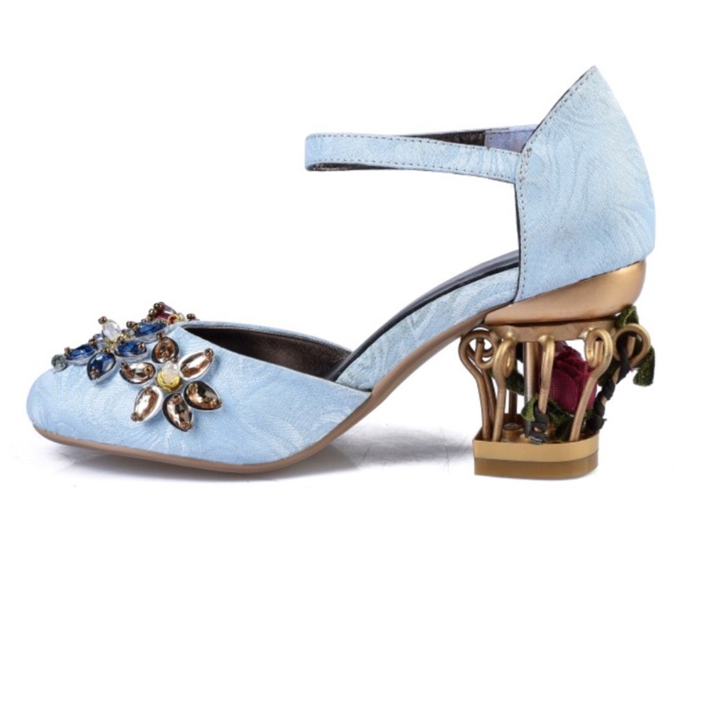 Handmade Blue Brocade Crystal Cage Shoes - Picture 6 of 8