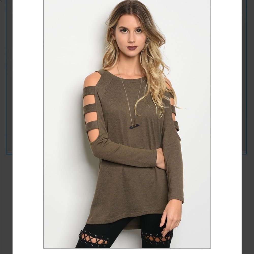 Olive long sleeve knit with sleeve cutouts