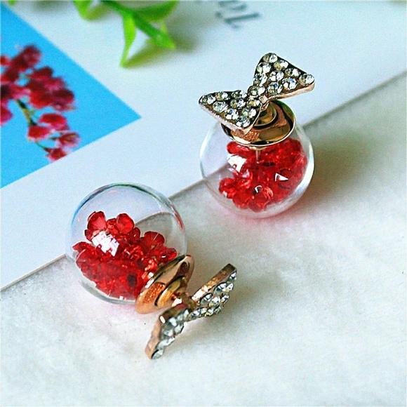 Glass Bead Ball Back Bow Earrings- Blue - Picture 2 of 4