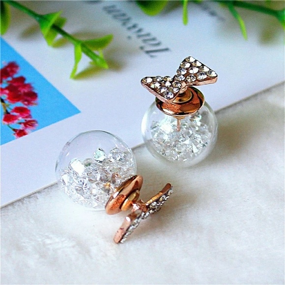 Glass Bead Ball Back Bow Earrings- Blue - Picture 3 of 4