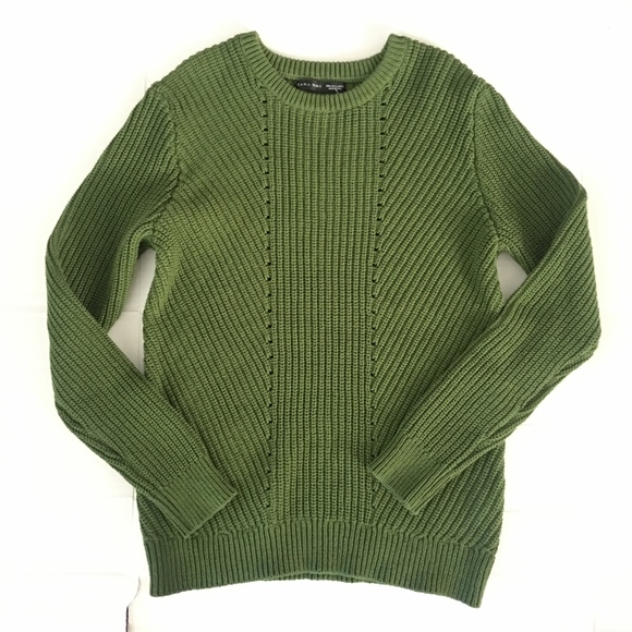 NEW Zara Man Cable Knit Crewneck Sweater Green - Picture 2 of 3