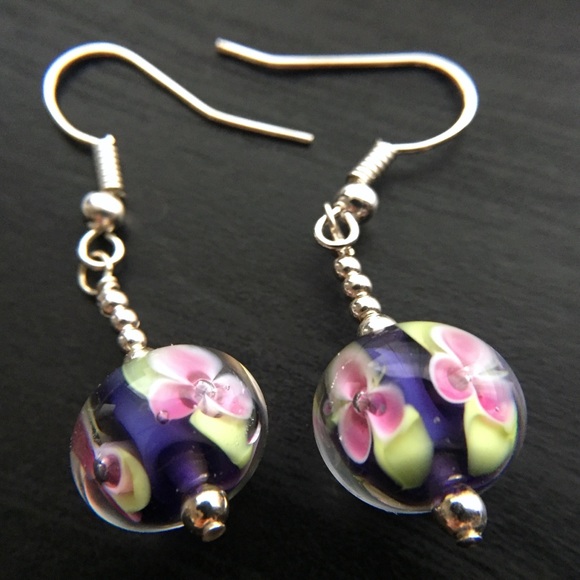 Blown Glass Earrings Pink Floral Purple Silver - Picture 2 of 6