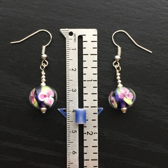 Blown Glass Earrings Pink Floral Purple Silver - Picture 4 of 6