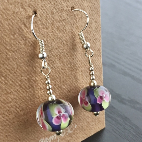 Blown Glass Earrings Pink Floral Purple Silver - Picture 5 of 6